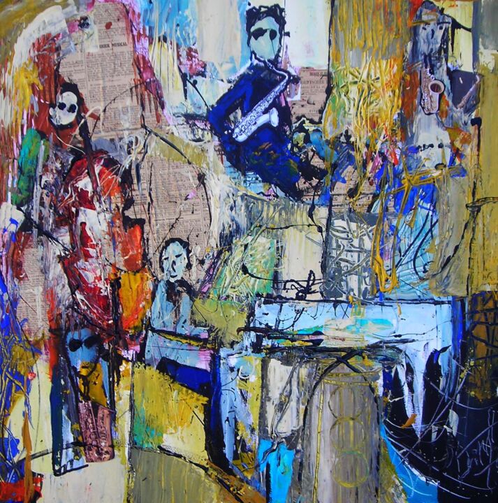 Collages titled "jazz band in blue" by Jacques Donneaud, Original Artwork, Collages