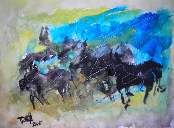 Painting titled "Taureaux en camargue" by Jacques Donneaud, Original Artwork, Watercolor