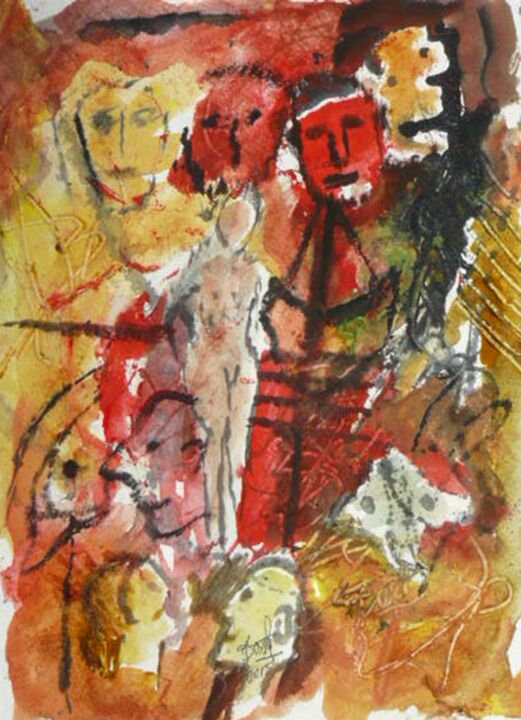 Painting titled "Nu, masques et visa…" by Jacques Donneaud, Original Artwork, Watercolor