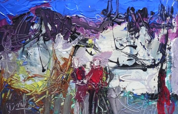 「Journée de ski」というタイトルの絵画 Jacques Donneaudによって, オリジナルのアートワーク, アクリル ウッドストレッチャーフレームにマウント