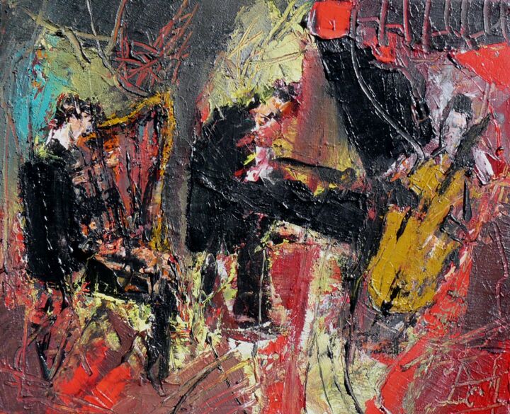 Painting titled "Trio musical avec h…" by Jacques Donneaud, Original Artwork, Acrylic Mounted on Wood Stretcher frame