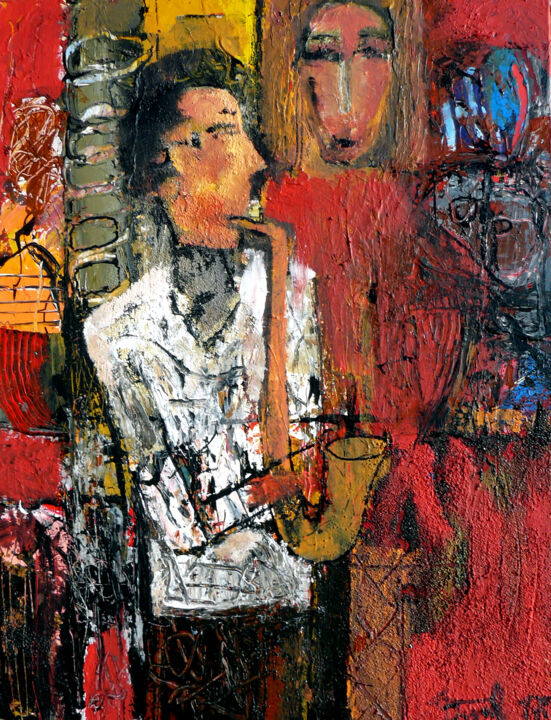 Painting titled "MUSIQUE DANS LA RUE" by Jacques Donneaud, Original Artwork, Acrylic Mounted on Wood Stretcher frame