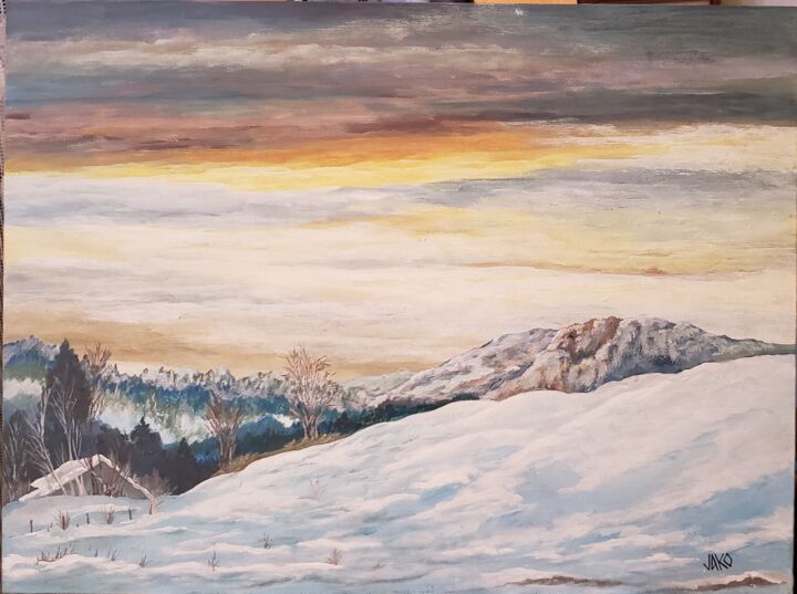 Painting titled "sous la neige" by Jacques Drapeau, Original Artwork, Acrylic