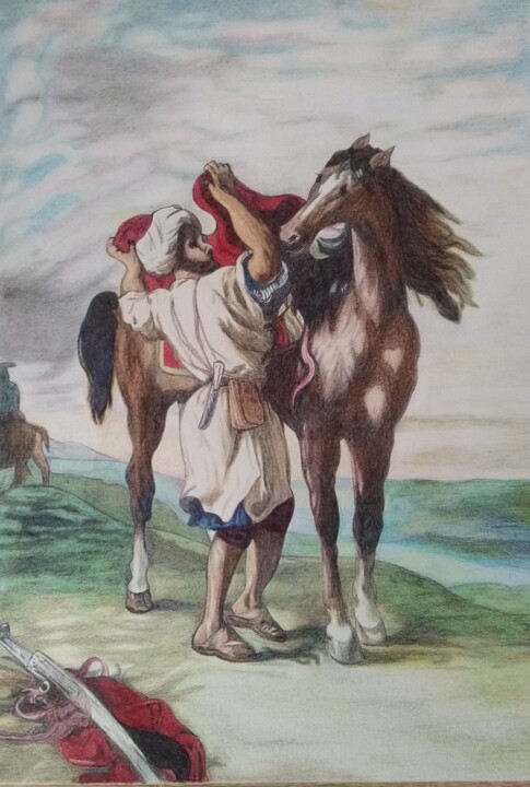 Drawing titled "Cavalier arabe sell…" by Jacques François, Original Artwork, Ballpoint pen