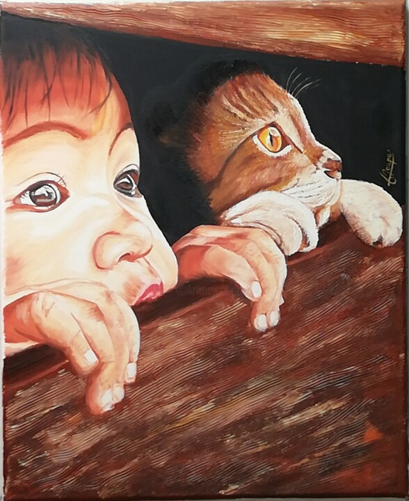 Painting titled "Les curieux" by Jacques Maupas, Original Artwork, Oil Mounted on Wood Stretcher frame