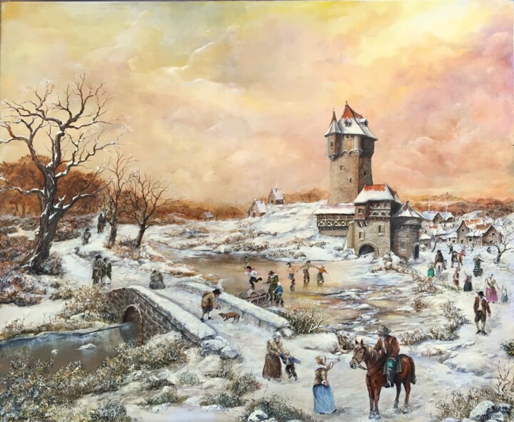 Painting titled "paysage hivernal" by Jacques Moncho (Art d'antan), Original Artwork, Oil