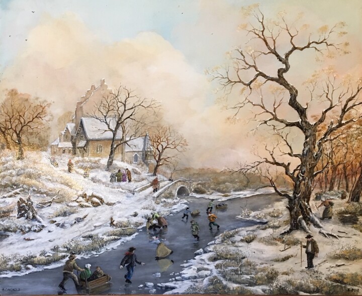 Painting titled "La rivière gelée 2" by Jacques Moncho (Art d'antan), Original Artwork, Oil