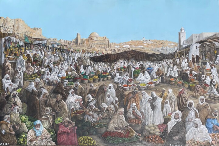 Peinture intitulée "Marché oriental" par Jacques Moncho (Art d'antan), Œuvre d'art originale, Huile Monté sur Châssis en bois