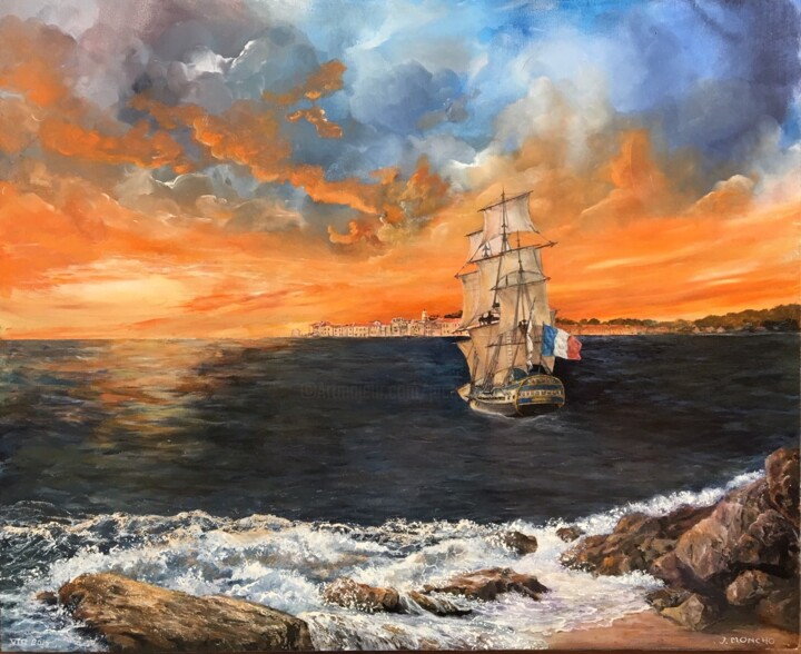 Peinture intitulée "L'hermione en vue d…" par Jacques Moncho (Art d'antan), Œuvre d'art originale, Huile Monté sur Châssis e…