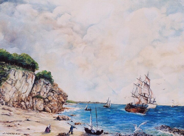 Pittura intitolato "les pêcheurs" da Jacques Moncho (Art d'antan), Opera d'arte originale, Olio
