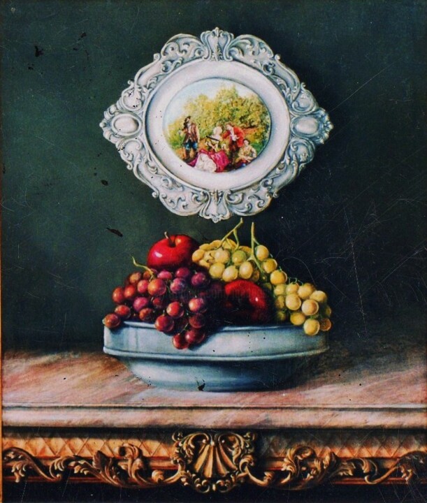 「Coupe de fruits ave…」というタイトルの絵画 Jacques Moncho (Art d'antan)によって, オリジナルのアートワーク, オイル