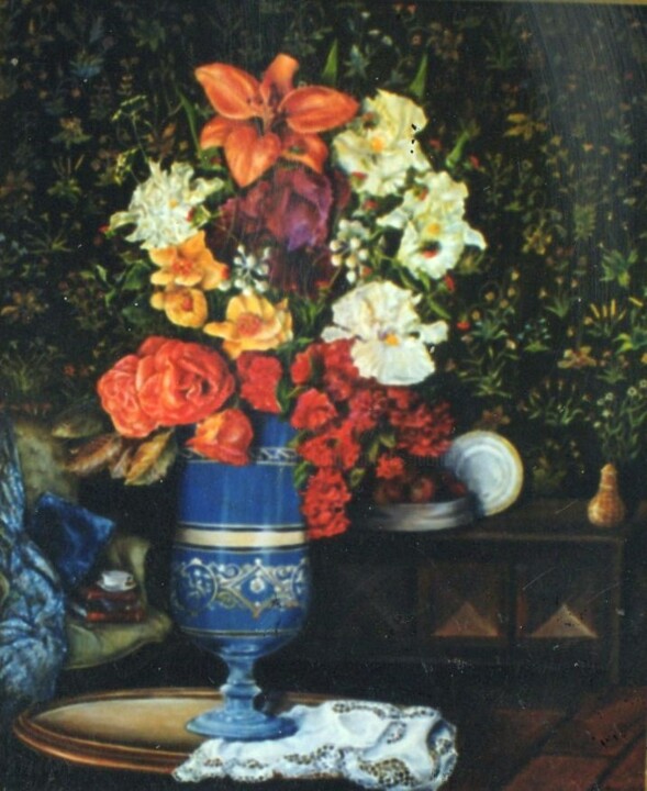 Peinture intitulée "Le vase bleu" par Jacques Moncho (Art d'antan), Œuvre d'art originale, Huile