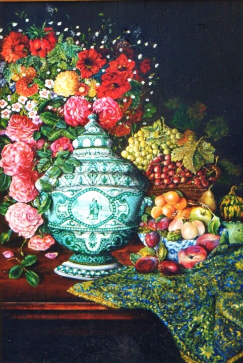 Pintura intitulada "Vase avec fleurs et…" por Jacques Moncho (Art d'antan), Obras de arte originais, Óleo