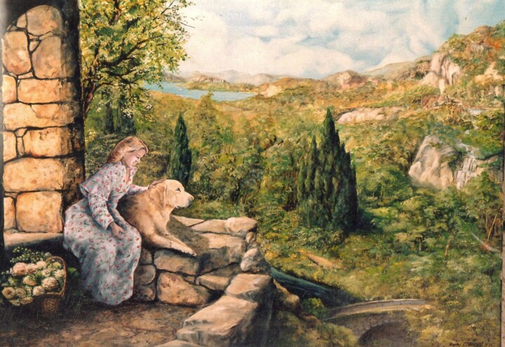 Painting titled "Jeune fille avec so…" by Jacques Moncho (Art d'antan), Original Artwork, Oil