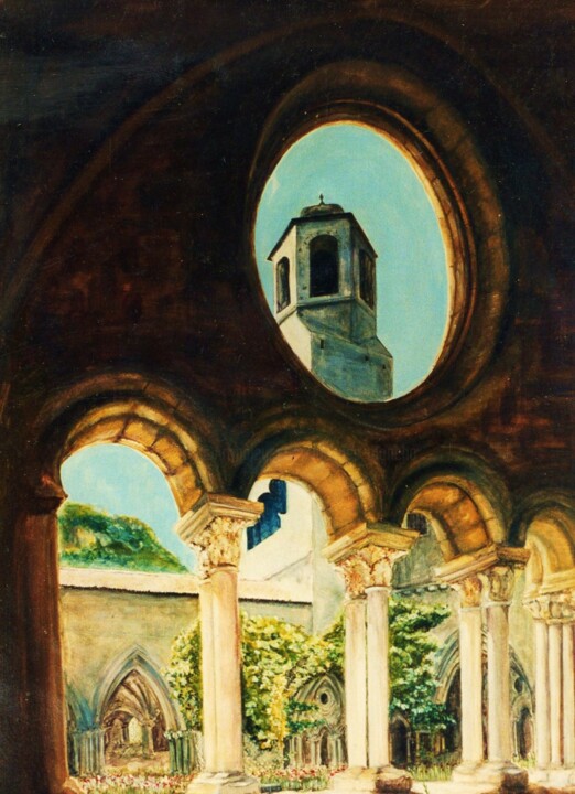 Painting titled "L'abbaye" by Jacques Moncho (Art d'antan), Original Artwork, Gouache