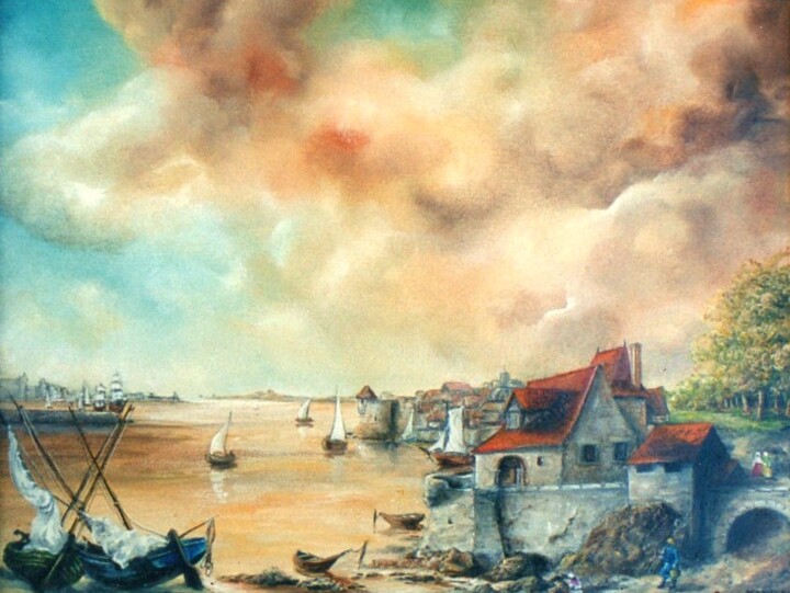Painting titled "Maison de pêcheur" by Jacques Moncho (Art d'antan), Original Artwork, Oil