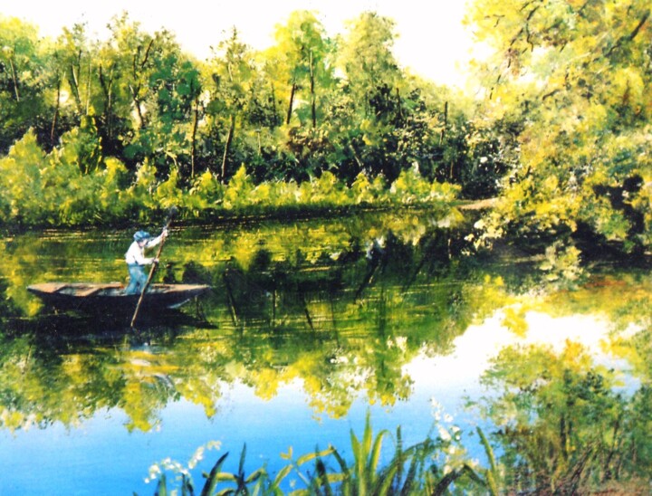 Pintura intitulada "La rivière tranquile" por Jacques Moncho (Art d'antan), Obras de arte originais, Óleo