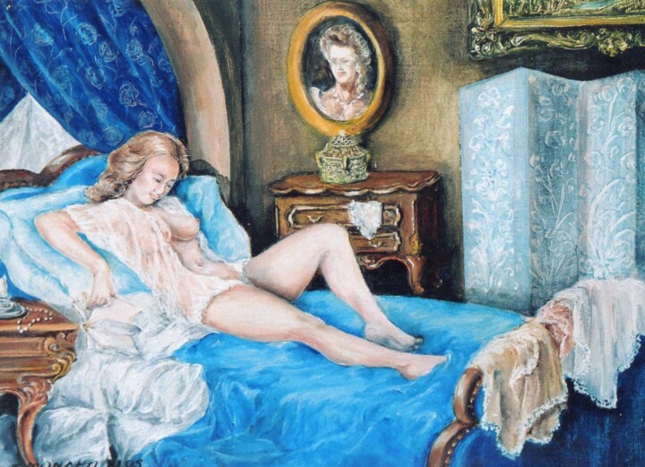 Pintura intitulada "Jeune fille assoupie" por Jacques Moncho (Art d'antan), Obras de arte originais, Óleo