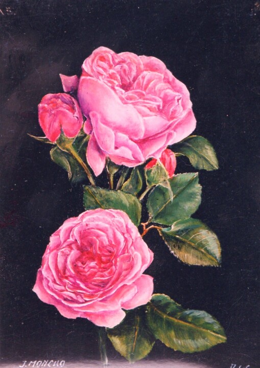 Pintura intitulada "Roses anciennes" por Jacques Moncho (Art d'antan), Obras de arte originais, Óleo