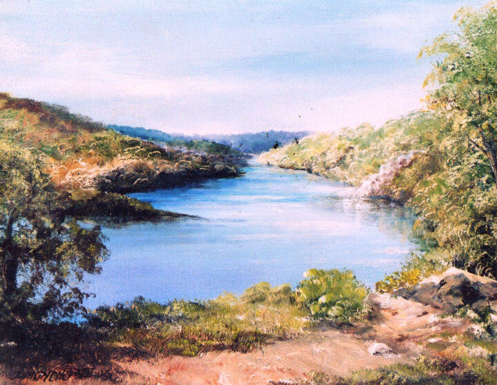 Painting titled "vue sur lac" by Jacques Moncho (Art d'antan), Original Artwork, Oil