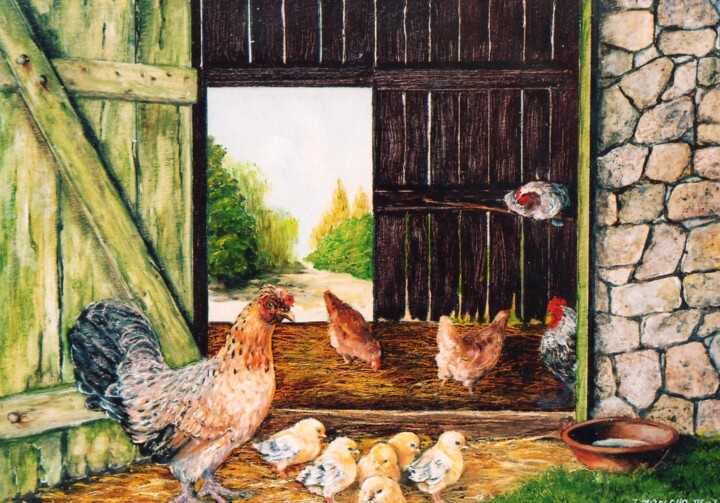 Malerei mit dem Titel "La mère poule" von Jacques Moncho (Art d'antan), Original-Kunstwerk, Öl
