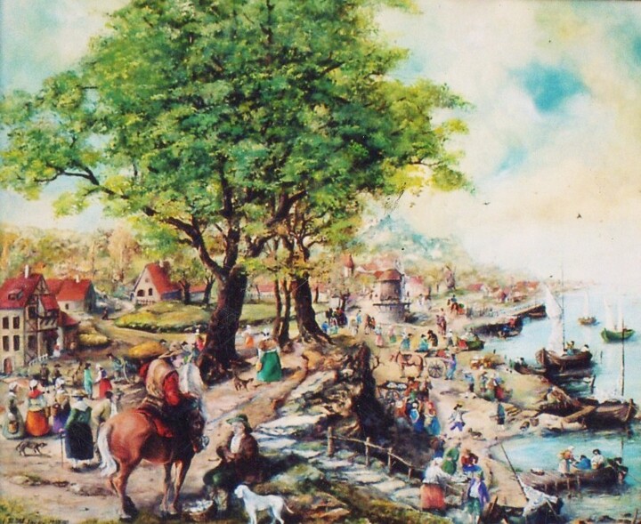 Painting titled "Retour des bateaux…" by Jacques Moncho (Art d'antan), Original Artwork, Oil
