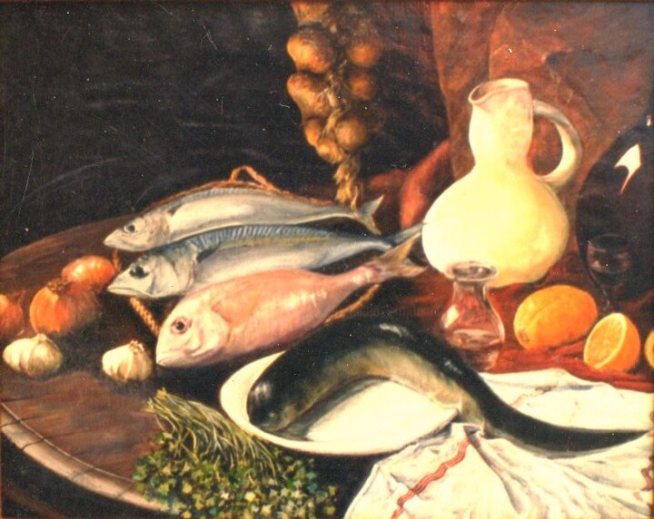 Pintura intitulada "Les poissons" por Jacques Moncho (Art d'antan), Obras de arte originais, Guache