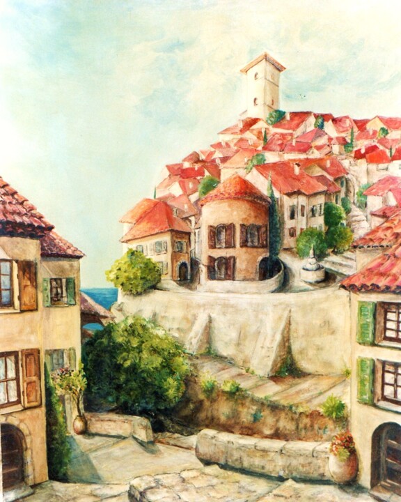 Peinture intitulée "Le vieux village" par Jacques Moncho (Art d'antan), Œuvre d'art originale, Gouache