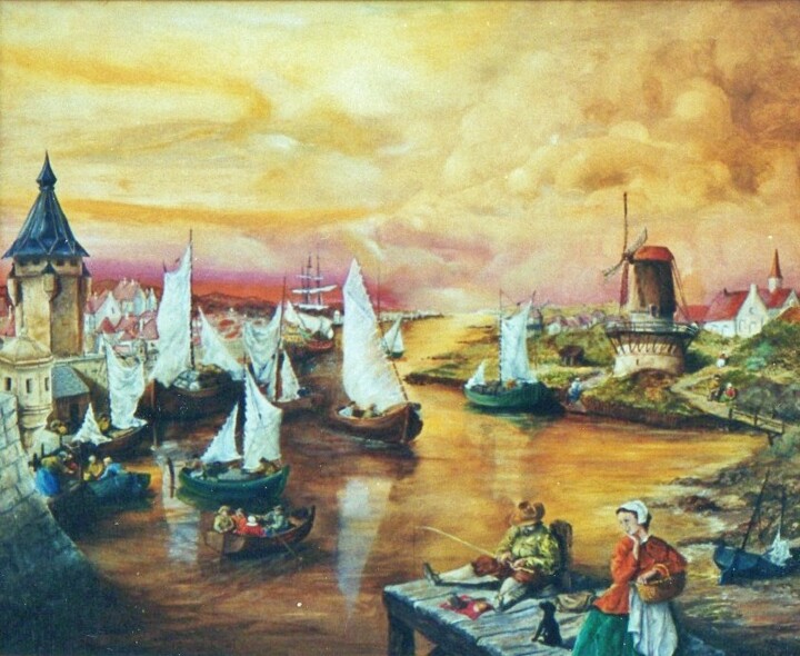 Peinture intitulée "Retour des bateaux" par Jacques Moncho (Art d'antan), Œuvre d'art originale, Huile