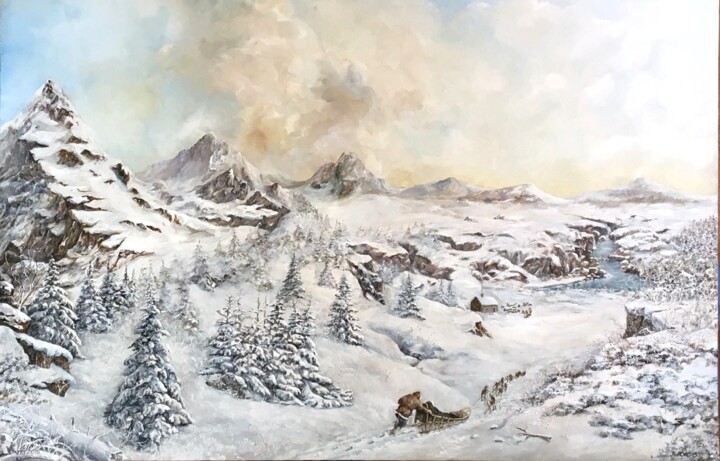 Schilderij getiteld "L'arrivée au refuge" door Jacques Moncho (Art d'antan), Origineel Kunstwerk, Olie