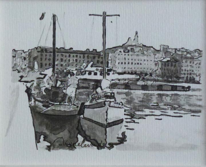 Dessin intitulée "Marseille, voiliers…" par Jacques Peyrelevade, Œuvre d'art originale, Autre Monté sur Carton