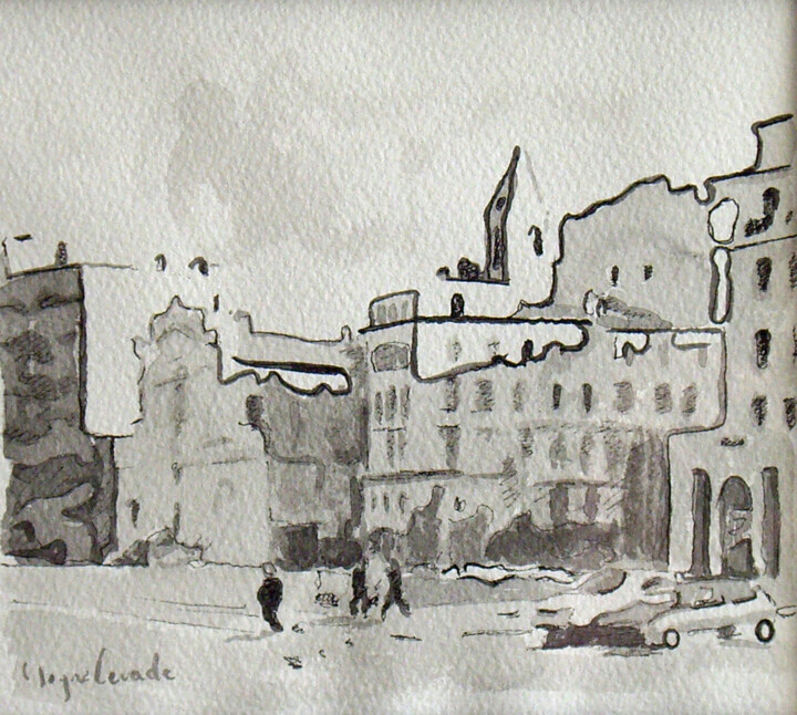 Dessin intitulée "Marseille, quai des…" par Jacques Peyrelevade, Œuvre d'art originale, Encre Monté sur Carton