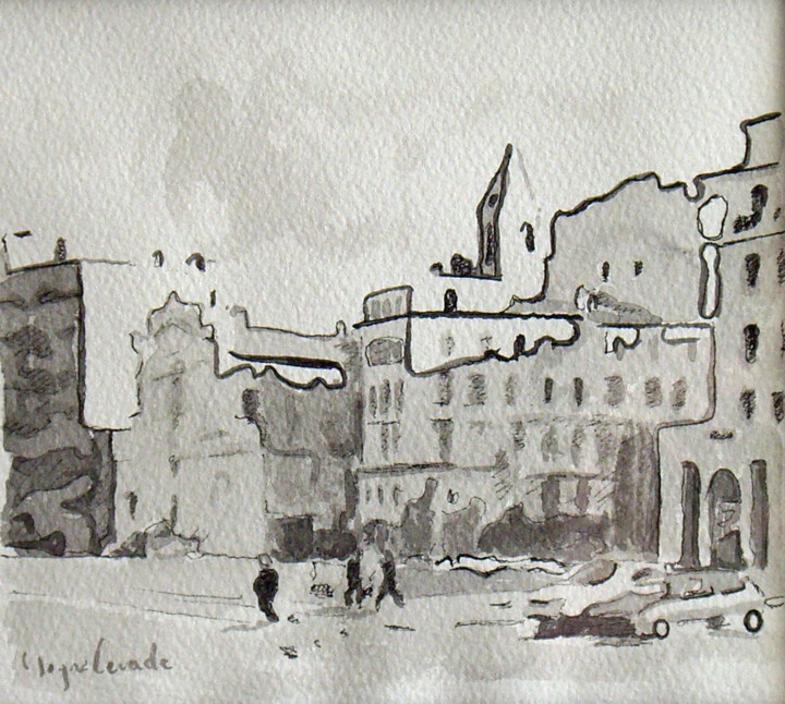 Dibujo titulada "Marseille, quai des…" por Jacques Peyrelevade, Obra de arte original, Tinta Montado en Cartulina