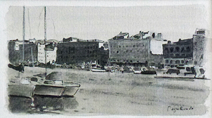 Drawing titled "Marseille Vieux-Port" by Jacques Peyrelevade, Original Artwork, Ink Mounted on Cardboard