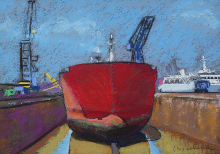 Painting titled "Port, bassin de rad…" by Jacques Peyrelevade, Original Artwork, Pastel Mounted on Cardboard