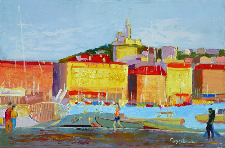 Painting titled "Marseille, promenad…" by Jacques Peyrelevade, Original Artwork, Oil Mounted on Wood Stretcher frame