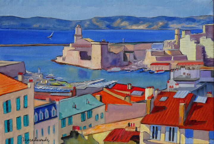 Painting titled "Toits de Marseille" by Jacques Peyrelevade, Original Artwork, Oil Mounted on Wood Stretcher frame