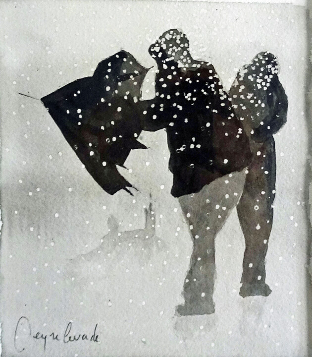 Zeichnungen mit dem Titel "Bourrasque de neige" von Jacques Peyrelevade, Original-Kunstwerk, Tinte