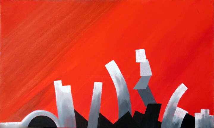 Painting titled "Ville-au-ciel-rouge…" by Jacques Pichon (picjac), Original Artwork, Oil