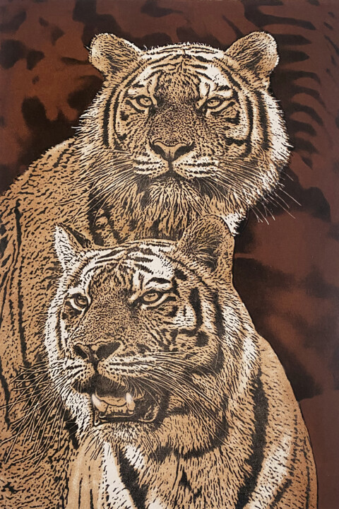 Prenten & gravures getiteld "Les deux tigres" door Jacky Rouget, Origineel Kunstwerk, Lithografie