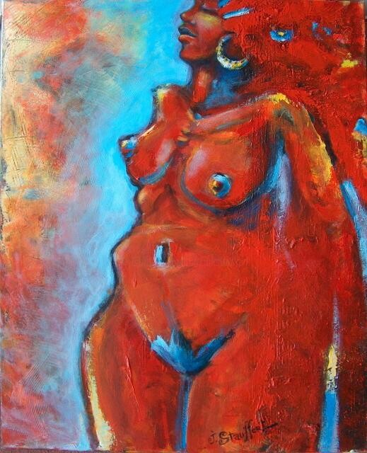 Painting titled "nu rouge" by Jacques Stauffert, Original Artwork, Oil