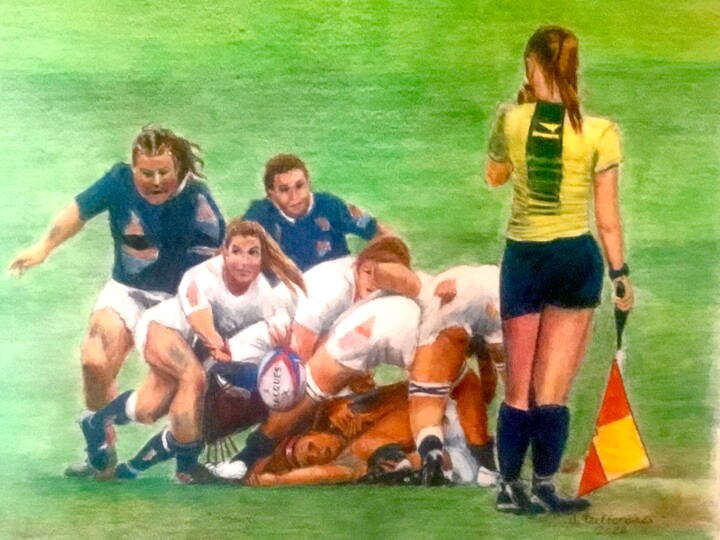 Collages intitolato "LE RUGBY FÉMININ ES…" da Jacques Tafforeau, Opera d'arte originale, Acquarello