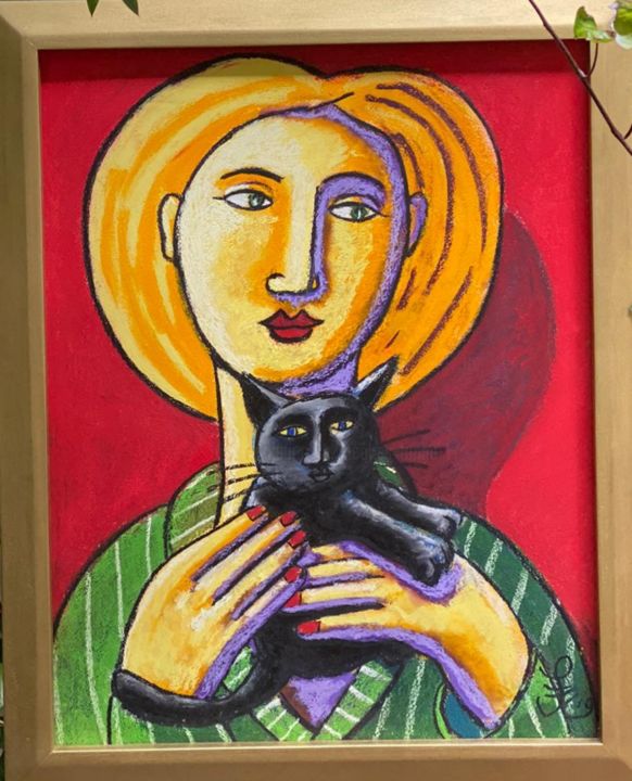 Картина под названием "Woman with black ca…" - Jacques Tange, Подлинное произведение искусства, Пастель