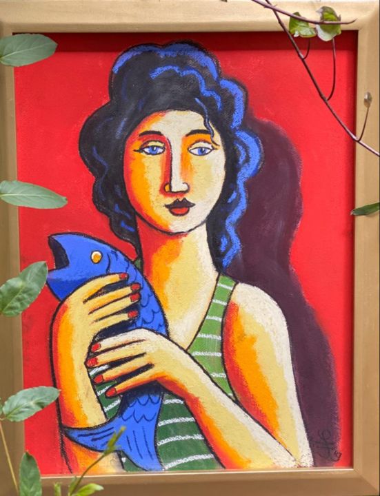 Ζωγραφική με τίτλο "woman with blue fish" από Jacques Tange, Αυθεντικά έργα τέχνης, Παστέλ