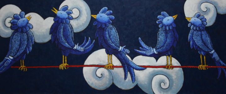 「Bird on a Wire」というタイトルの絵画 Jacques Tangeによって, オリジナルのアートワーク, オイル