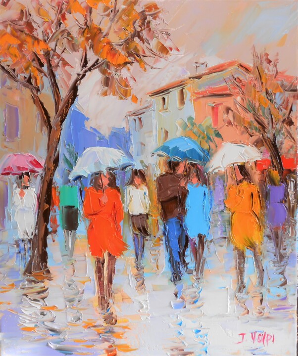 Painting titled "douce pluie d'autom…" by Jacques Volpi, Original Artwork, Oil Mounted on Wood Stretcher frame