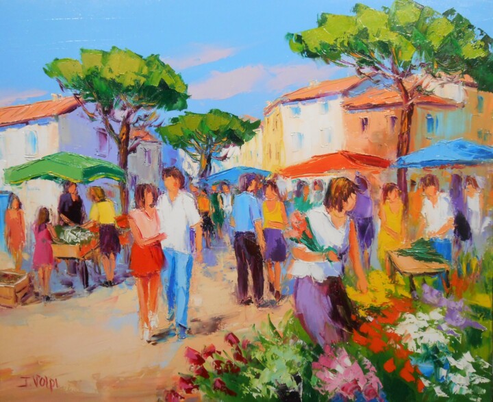 Pintura intitulada "Marché en Provence" por Jacques Volpi, Obras de arte originais, Óleo Montado em Armação em madeira