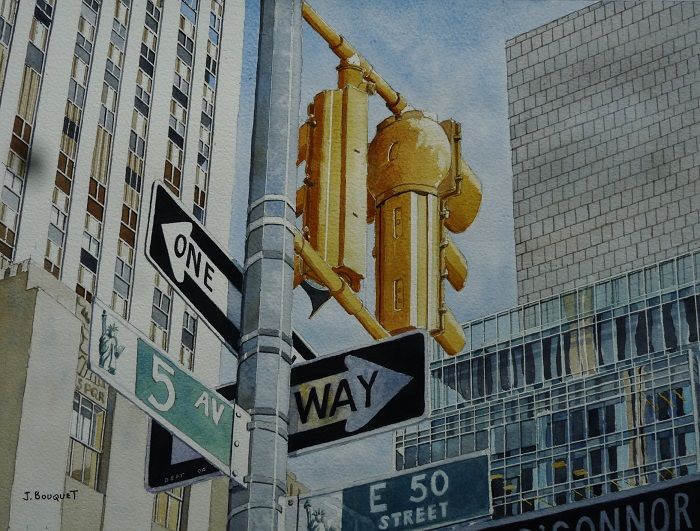 Painting titled "5iem avenue" by Jacques Bouquet, Original Artwork, Watercolor