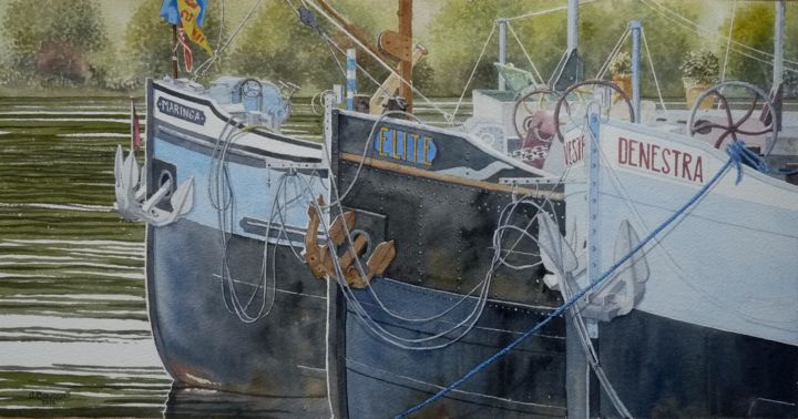 Peinture intitulée "Péniches à Conflans" par Jacques Bouquet, Œuvre d'art originale, Huile