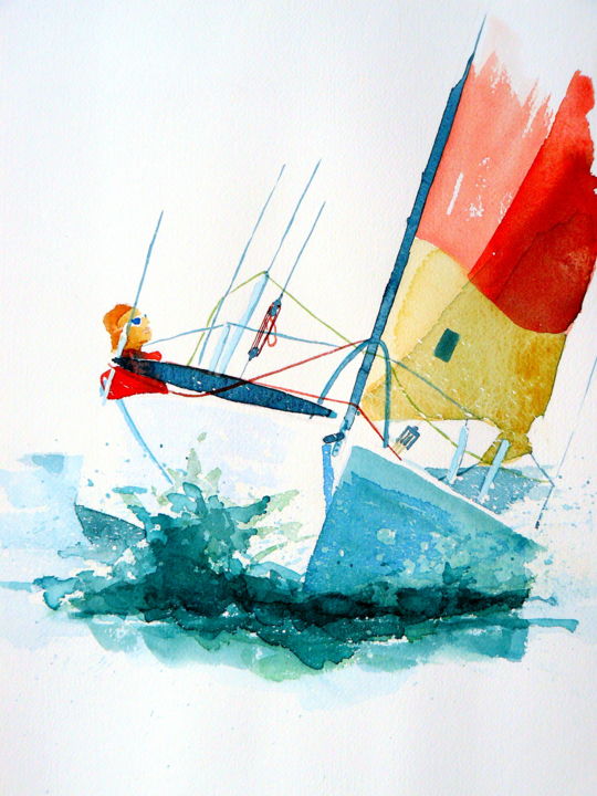 「Mini-transat n°2」というタイトルの絵画 Jacques Paulusによって, オリジナルのアートワーク, 水彩画